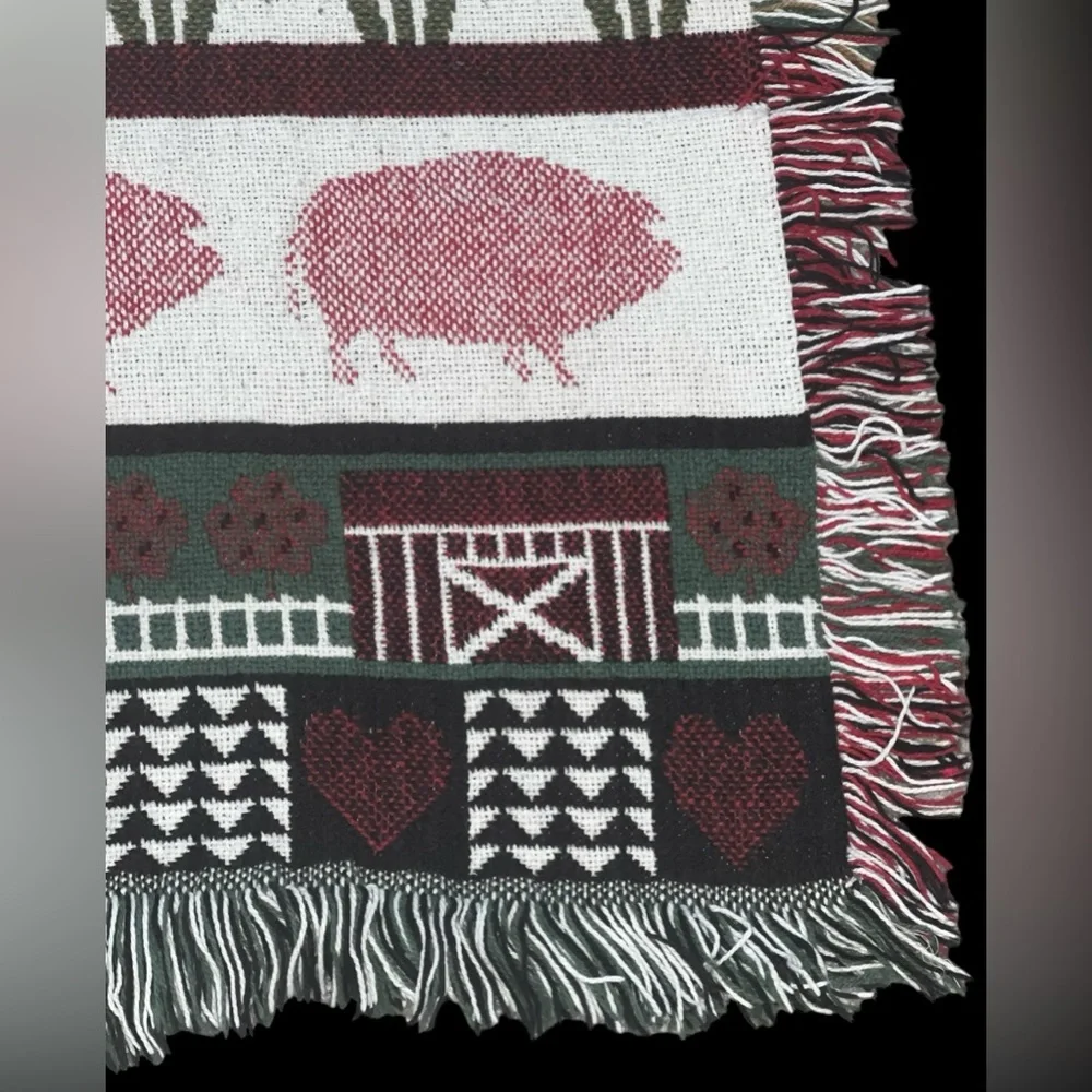 Vintage RARE Throw Blanket Tapestry Farm Pig & Hearts 46 x 70” Country Folk